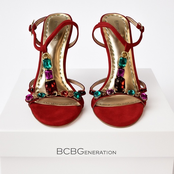 New BCBGeneration Red Strappy Heels with Colorful Gem Embellishments - Picture 1 of 5